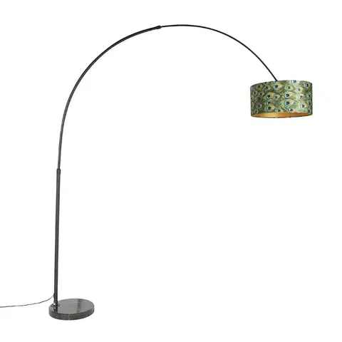 Oblúkové lampy Botanická oblúková lampa čierna zamatový tienidlo s motívom páva 50 cm - XXL