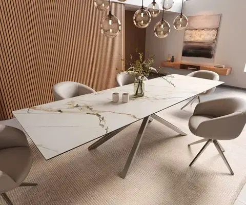 Jedálenské stoly DELIFE Jedálenský stôl Edge 300x100 keramika Calacatta Luxe bielo-zlato-šedá krížová podstava hranatý nerezová oceľ