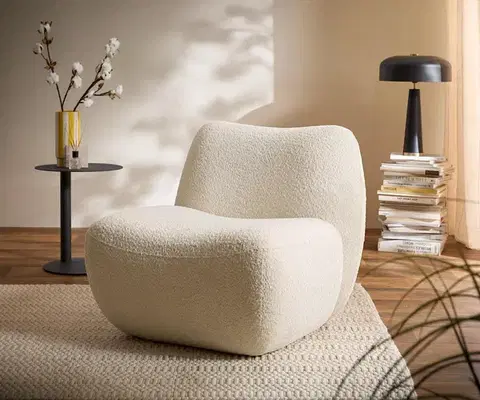 Lounge kreslá DELIFE Lounge kreslo Zena 75x85 cm bouclé biela