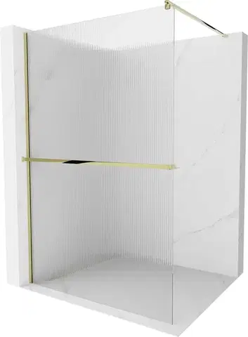 Sprchové dvere MEXEN/S - Kioto+ Sprchová zástena WALK-IN s poličkou a držiakom uterákov 90 x 200, prúžky 8 mm, zlatá 800-090-121-50-09