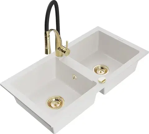 Kuchynské drezy MEXEN/S MEXEN/S - Mario granitový drez 2-bowl vrátane batérie Aster, biela 6504-20-73450-57-G