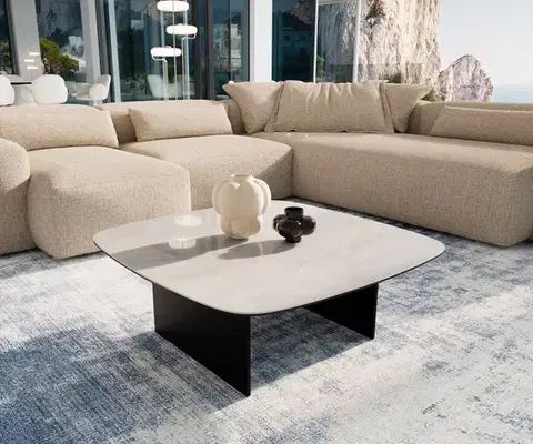 Konferenčné stolíky DELIFE Konferenčný stolík Edge zaoblený 90×90 cm keramika onyx šampanské salto kov čierna