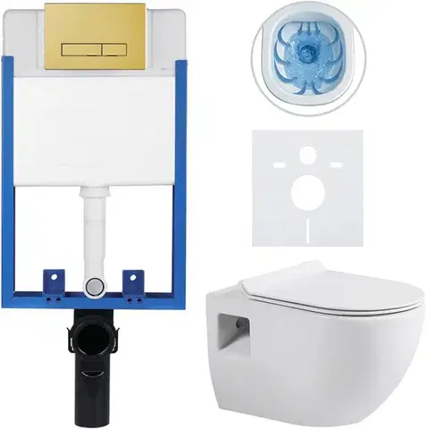 Záchody CERANO - Kompletný podomietkový WC set Lite/Dure - biela lesklá - WC tlačidlo Slim, zlatá - na zamurovanie - 51x35 CER-735157