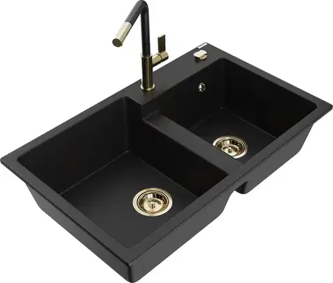 Kuchynské drezy MEXEN/S MEXEN/S - Tomas granitový drez 2-bowl vrátane batérie Flora, čierna 6516-77-670401-57-G