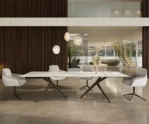 Jedálenské stoly DELIFE Jedálenský stôl Edge 300x100 keramika Calacatta Luxe bielo-zlato-šedá Estelar okrúhly kov titánový efektový povrch