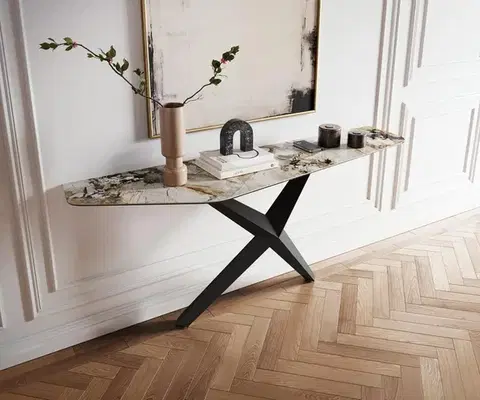 Konzolové stolíky DELIFE Konzolový stolík Edge polygonálny 180×50 cm keramika patagonia leštená Zentharo kov čierna