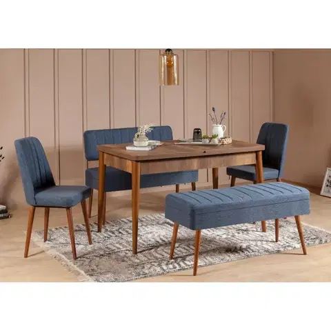 Jedálenské sety Jedálenský set s rozkladacím stolom a stoličkami (5 kusov) Vina 1048 - 4 - Walnut, Dark Blue