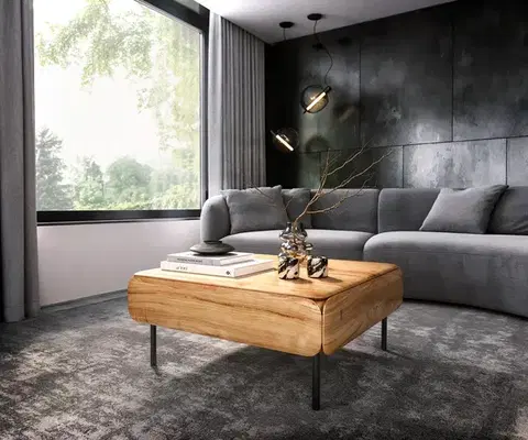 Konferenčné stolíky DELIFE Konferenčný stolík Shavani 90x90 cm akácia prírodná 2 zásuvky kov čierna