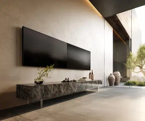 Televízne stolíky DELIFE TV stolík Cuor 250 cm keramika emperador extra leštená tmavohnedá 1 výklopné dvierka 1 zásuvka podstava závesná akrylové sklo