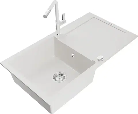 Kuchynské drezy MEXEN/S MEXEN/S - Leo granitový drez 1 s odkvapkávačom vrátane batérie Flora, biela 6501-20-670401-02