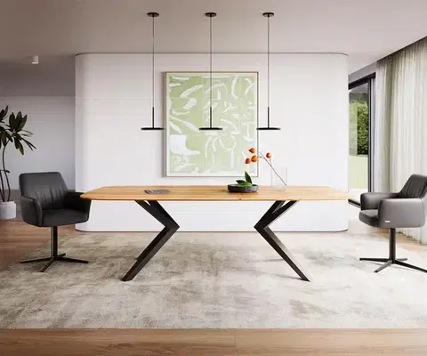 Jedálenské stoly DELIFE Jedálenský stôl Edge zaoblený tvar 240x120x2,5-3 dub prírodný Zenthara hranatý kov čierny švajčiarska hrana