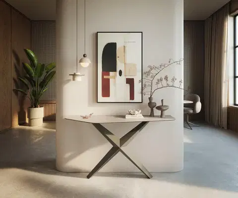Konzolové stolíky DELIFE Konzolový stolík Edge polygonálny 140×50 cm keramika Laminam® Travertino Bianco krémovo biela Zentharo kov titánová farba