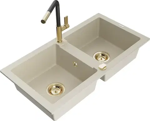 Kuchynské drezy MEXEN/S MEXEN/S - Mario granitový drez 2-bowl vrátane batérie Flora, béžová 6504-69-670401-57-G