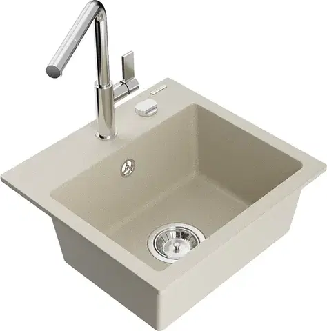 Kuchynské drezy MEXEN/S MEXEN/S - Milo granitový drez 1-miska vrátane batérie Flora, béžová 6505-69-670401-00