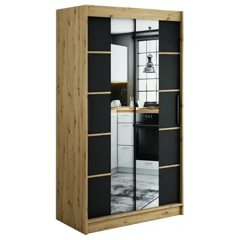 Šatníkové skrine Skriňa Halifax V4 120 Dub Artisan/čierna/Zrkadlo