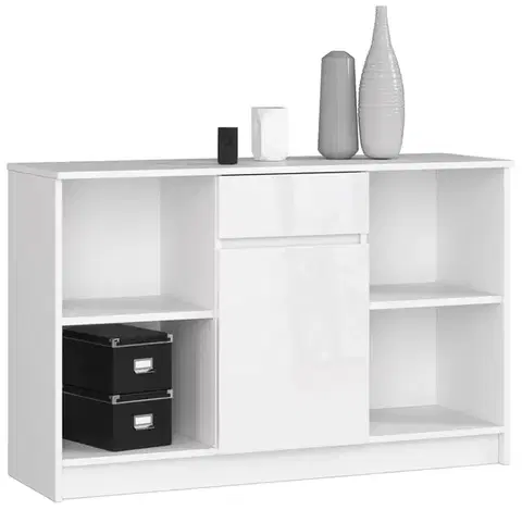 Komody a skrinky Dizajnová komoda B52-120, biela / biely lesk