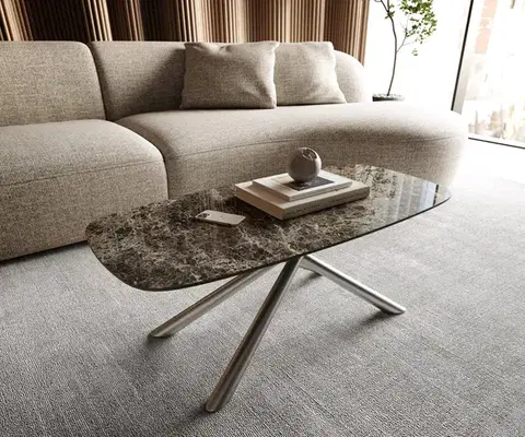 Konferenčné stolíky DELIFE Konferenčný stolík Edge zaoblený tvar 100x50 cm keramika Laminam® Emperador Extra Lucidato tmavohnedá Sarity nerezová oceľ kefovaná