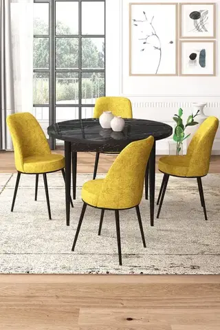 Jedálenské sety Dining Table & Chairs Set (5 Pieces) Tor - Black Marble, Mustard