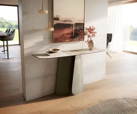 Konzolové stolíky DELIFE Konzolový stolík Edge zaoblený tvar 140×40 cm keramika Minas Melange bielo-béžová Livos kov titánová farba