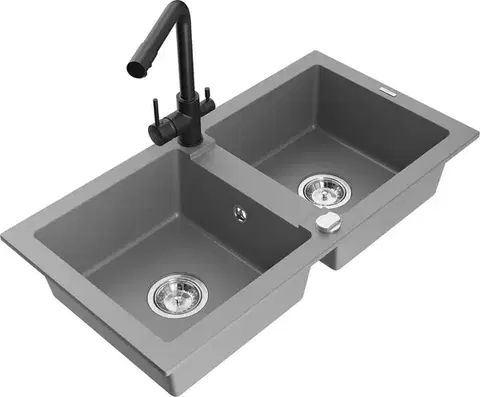 Kuchynské drezy MEXEN/S MEXEN/S - Mario granitový drez 2-bowl vrátane batérie Duero, šedá 6504-71-671600-70