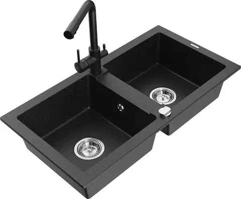 Kuchynské drezy MEXEN/S MEXEN/S - Mario granitový drez 2-bowl vrátane batérie Duero, čierna/zlatá metalik 6504-75-671600-70