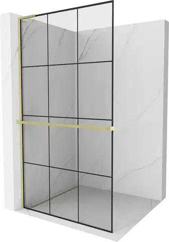 Sprchové dvere MEXEN/S - Kioto+ L Sprchová zástena WALK-IN s poličkou a držiakom uterákov 120 x 200, čierny vzor, zlatá kartáčovaná 800-120-123-55-77