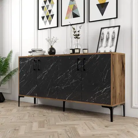 Komody Konzolový stolík Kiev 160 - Walnut, Black Marble