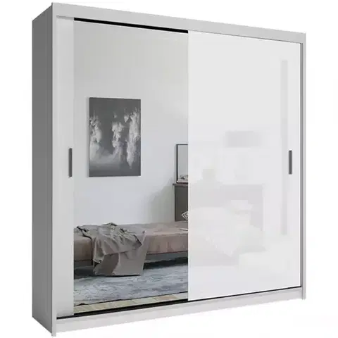 Spálňové šatníkové skrine Skriňa Lux 203 Biely + 1 x Zrkadlo  /1 x Biely Lesk