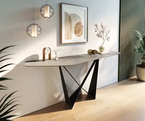 Konzolové stolíky DELIFE Konzolový stolík Edge polygonálny 180×50 cm keramika betón sivá Spios kov čierna