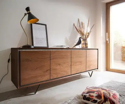 Komody DELIFE Komoda Stonegrace 200 cm akácia hnedá kamenná dyha 4 dvierka podstava v tvare V čierna