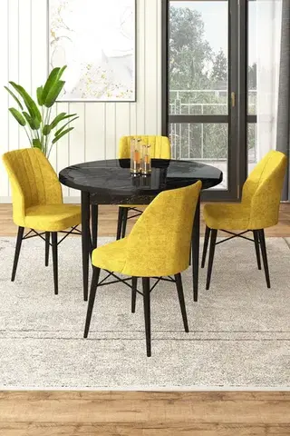 Jedálenské sety Dining Table & Chairs Set (5 Pieces) Rox - Black Marble, Mustard