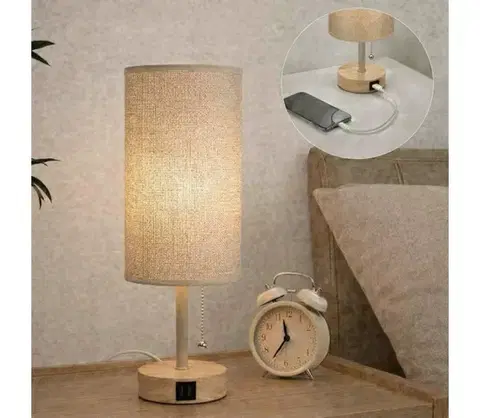 Lampy BRILAGI - Stolná lampa s USB portom TABLON 1xE27/25W/230V dub/béžová BG3675+BG3684