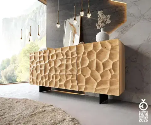 Komody DELIFE Komoda Solu 175 cm dub prírodná 2 dvierka 3 zásuvky závesná kov čierna 3D čelá