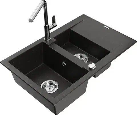 Kuchynské drezy MEXEN/S MEXEN/S - Gaspar granitový drez 1.5 s odkvapkávačom vrátane batérie Flora, čierna/zlatá metalik 6507-75-670401-00