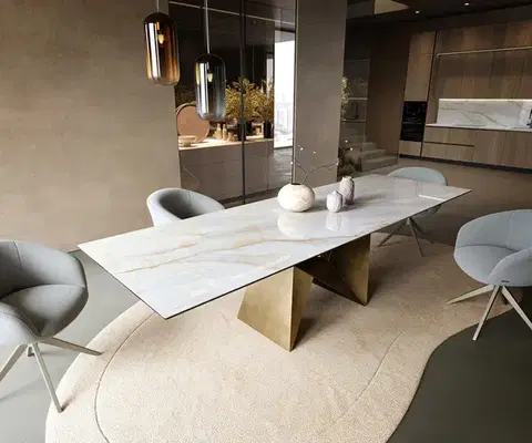 Jedálenské stoly DELIFE Jedálenský stôl Edge 300×100 cm keramika onyx perla origami metalická zlatá