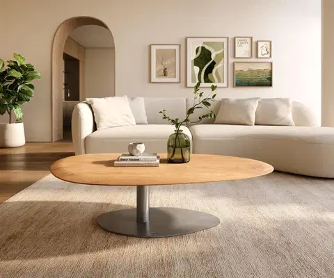 Konferenčné stolíky DELIFE Konferenčný stolík Edge oválny 140x75 cm dub prírodný okrúhla hrana Vibany nerezová oceľ kefovaná