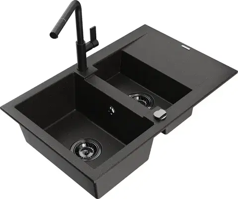 Kuchynské drezy MEXEN/S MEXEN/S - Gaspar granitový drez 1.5 s odkvapkávačom vrátane batérie Flora, čierna/zlatá 6507-75-670401-70-B