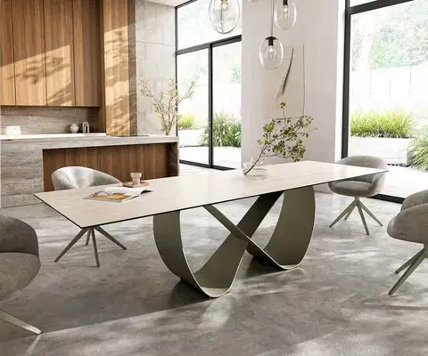 Jedálenské stoly DELIFE Jedálenský stôl Edge 300x100 keramika Laminam® Travertino Bianco krémovo biela Infinity kov titánová farba