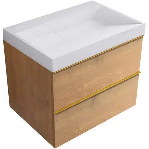 Kúpeľňový nábytok CERANO - Kúpeľňová skrinka Velora - dub medový, úchytka zlatá + umývadlo z lit. mramoru Vita - biela matná - 70x63x46,5 CER-8050BD84060