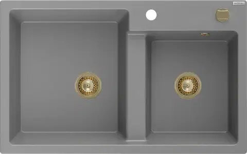 Kuchynské drezy MEXEN/S MEXEN/S - Tomas granitový drez 2-bowl 800x500 mm, šedá, + zlatý sifón 6516802000-71-G