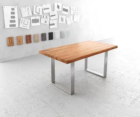 Jedálenské stoly DELIFE Jedálenský stôl Edge 160x90 cm XL akácia prírodná nerezová oceľ úzky Live-Edge