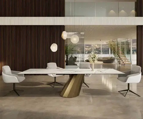 Jedálenské stoly DELIFE Jedálenský stôl Edge 300x100 keramika Calacatta Luxe bielo-zlato-šedá parabolický metalický zlatý