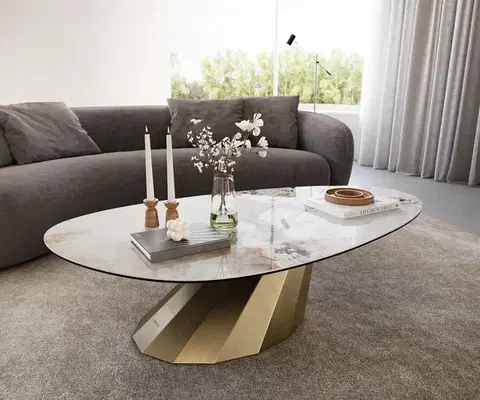 Konferenčné stolíky DELIFE Konferenčný stolík Edge oválny 140x75 cm keramika Minas Melange Parabi metalická zlatá