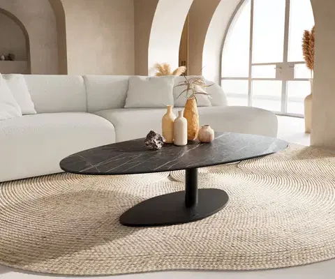 Konferenčné stolíky DELIFE Konferenčný stolík Edge oválny 140x75 cm keramika Laminam® Noir Desir hnedý Vibany kov čierny