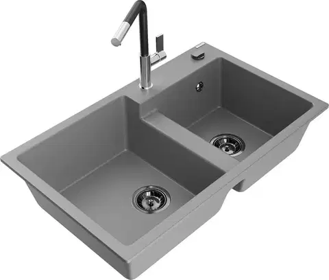 Kuchynské drezy MEXEN/S MEXEN/S - Tomas granitový drez 2-bowl vrátane batérie Flora, šedá 6516-71-670401-07-B