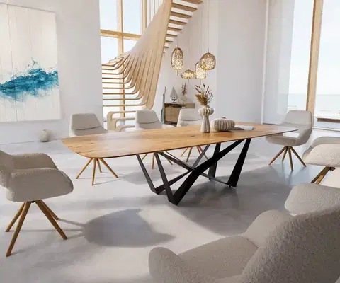 Jedálenské stoly DELIFE Jedálenský stôl Edge zaoblený tvar 300x120x2,5-3 dub prírodný Spider plochá oceľ čierna švajčiarska hrana