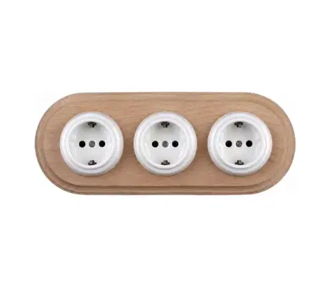 Predlžovacie káble Elhard - Trojitá keramická retro domová zásuvka s rámom SCHUKO 230V biela/drevo EF0097+3xEF0087