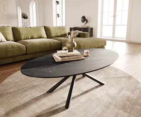 Konferenčné stolíky DELIFE Konferenčný stolík Edge oválny 140x80 cm keramika Laminam® Noir Desir hnedá Sarity kov čierna