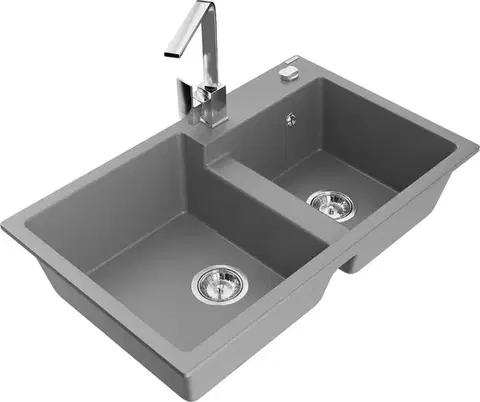 Kuchynské drezy MEXEN/S MEXEN/S - Tomas granitový drez 2-bowl vrátane batérie Rita, šedá 6516-71-670300-00