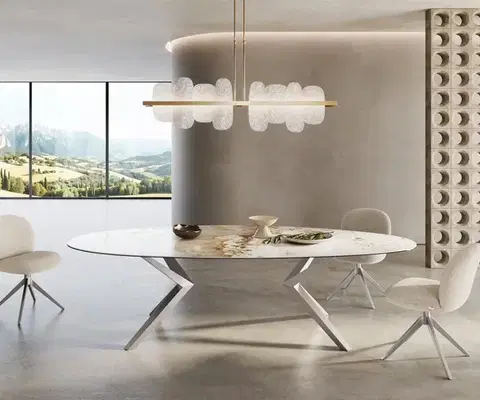 Jedálenské stoly DELIFE Jedálenský stôl Edge oválny 280x130 keramika Minas Melange bielo-béžová Zenthara hranatý nerezová oceľ